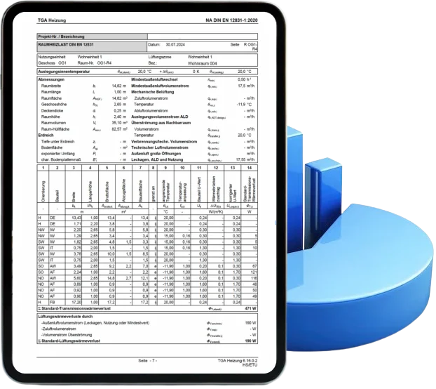 Tablet mit Heizlastberechnung und blauer 3D-Grafik im Hintergrund.