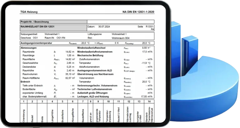 Tablet mit Heizlastberechnung und blauer 3D-Grafik im Hintergrund.